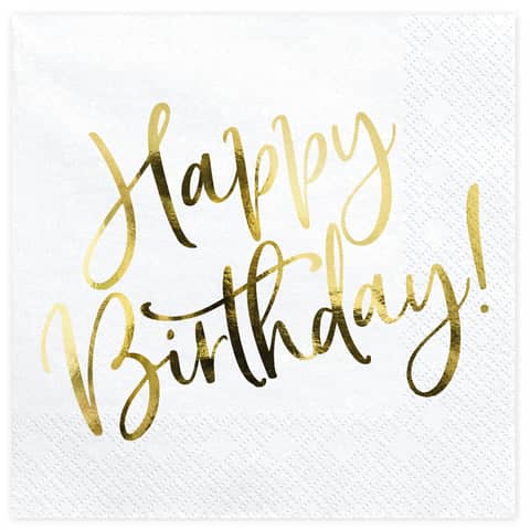 White & Gold Happy Birthday Square Paper Napkins 33cm (20 Pack)