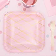 Pink & Gold Grid Pattern Plates 20cm (6 Pack)