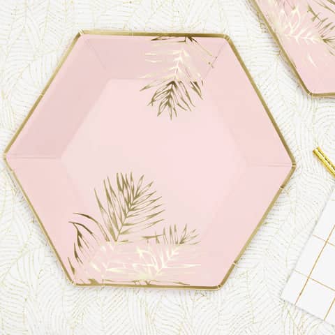 Pink & Gold Leaves Plates 23cm (6 Pack)