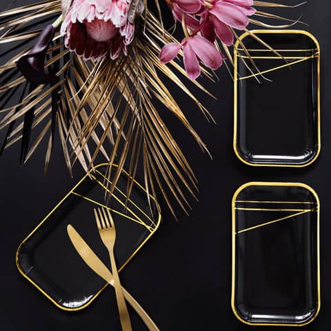 Black & Gold Rectangular Plates (6 Pack)