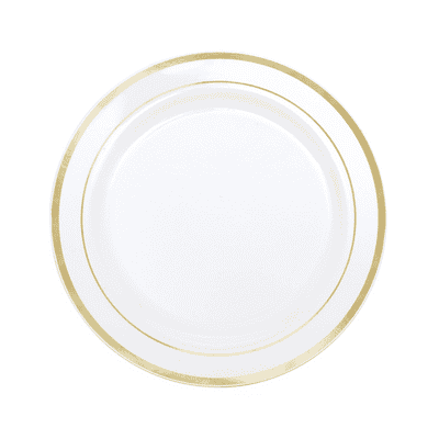 White & Gold Trim Plastic Plates 18cm (6 Pack)