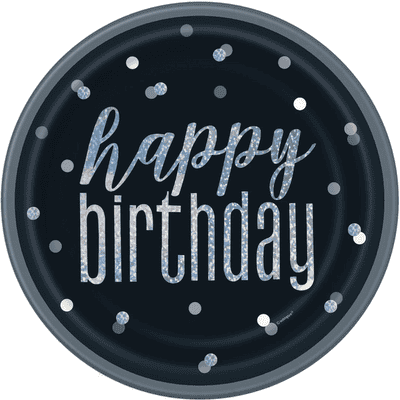 Happy Birthday Black & Silver Glitz Plates 23cm (8 Pack)