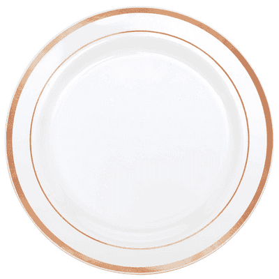 White & Rose Gold Trim Plastic Plates 26cm (6 Pack)