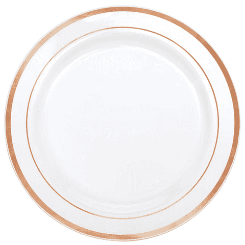 White & Rose Gold Trim Plastic Plates 26cm (6 Pack)