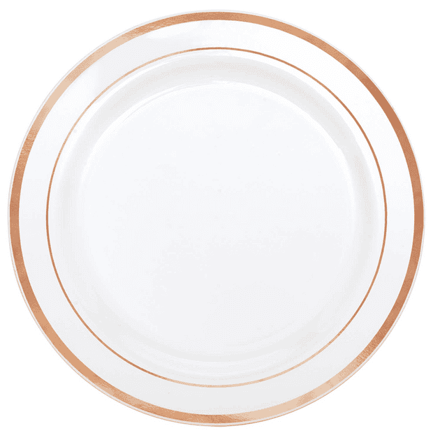 White & Rose Gold Trim Plastic Plates 26cm (6 Pack)