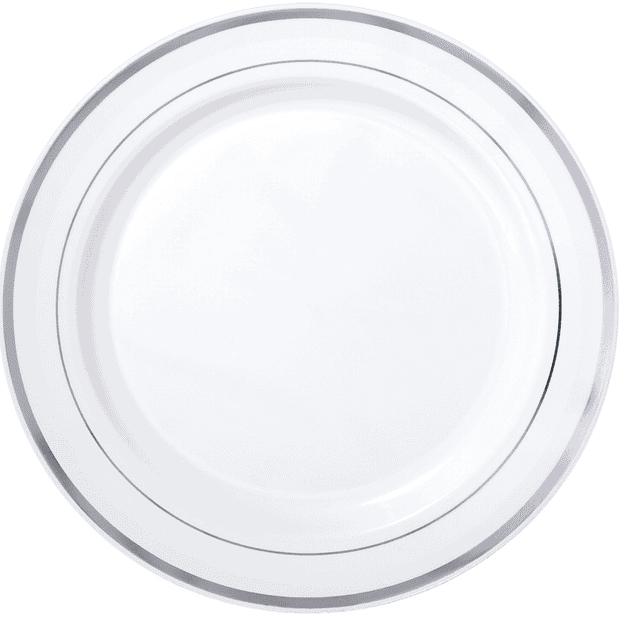 White & Silver Trim Plastic Plates 26cm (6 Pack)